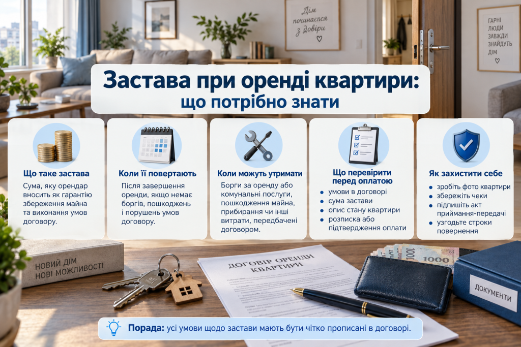 Інфографіка про заставу при оренді квартири, умови повернення, утримання коштів і захист орендаря